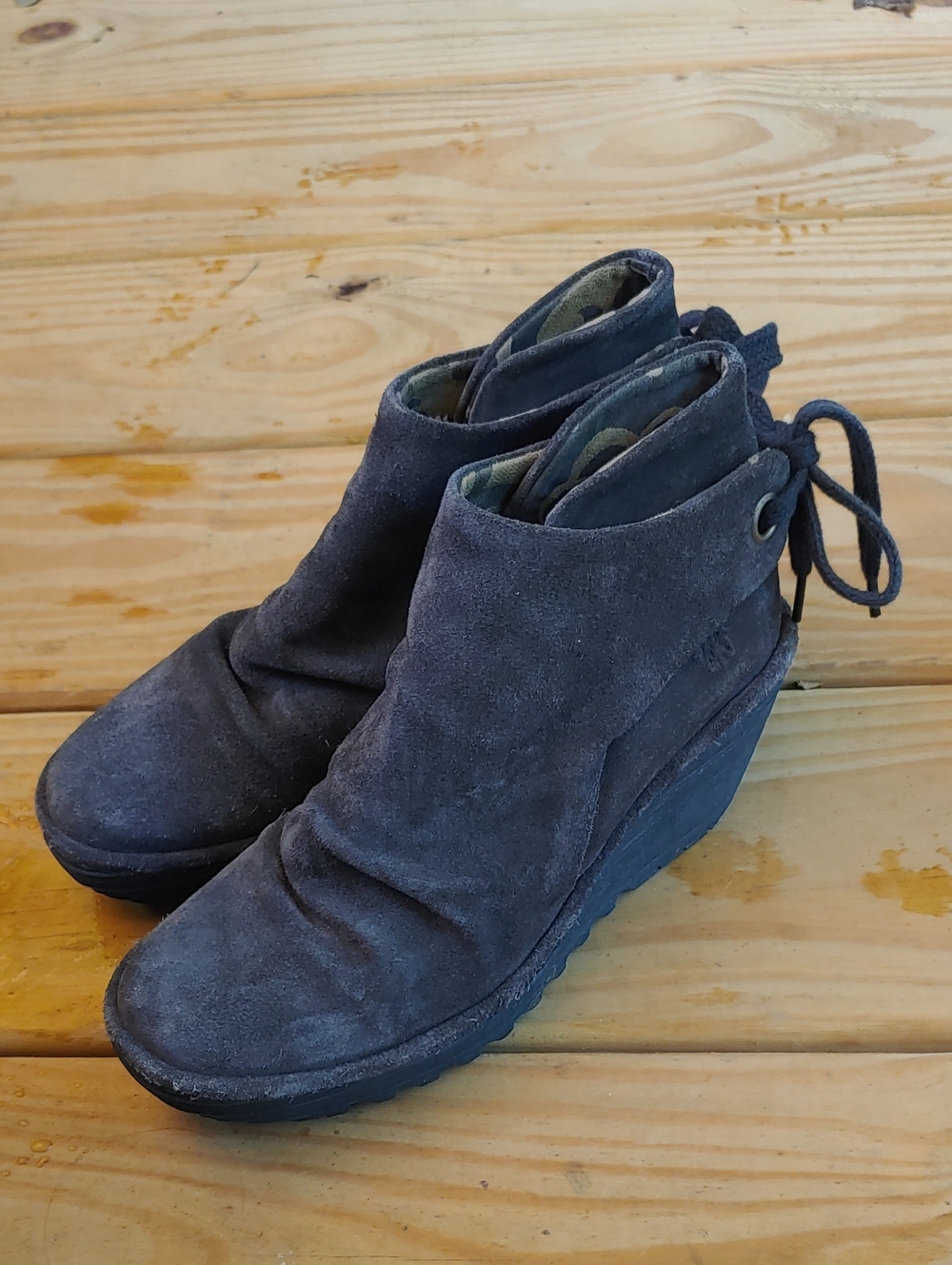 Fly London Yama Wedge Booties Black Back Lace Up Boots Women's Size 37/ 6.5-7